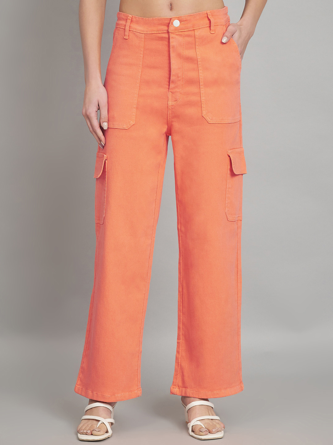 AngelFab Women Jean Relaxed Fit High-Rise Clean Look Cotton Denim Cargo