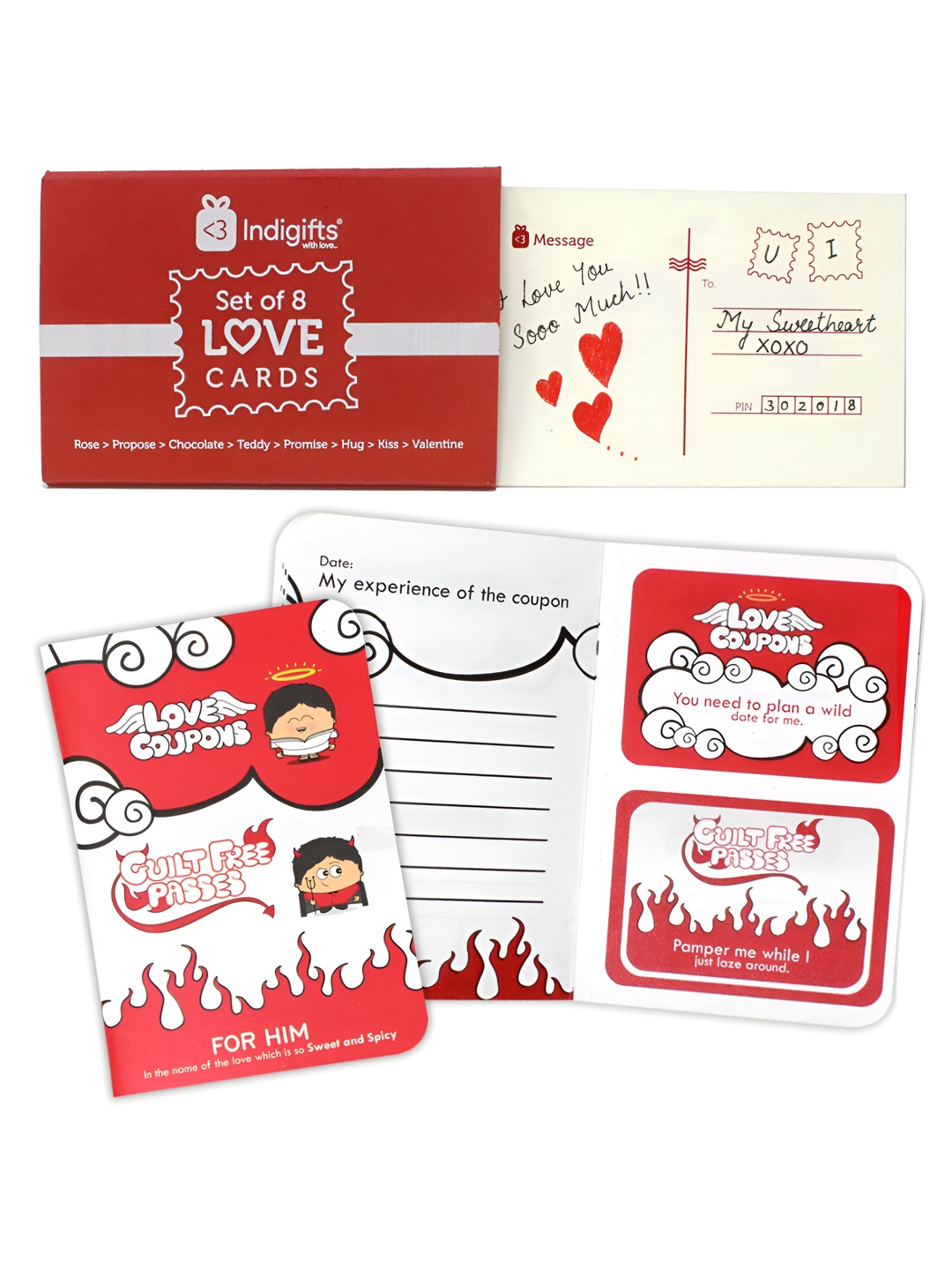 Indigifts White & Red Valentine Theme Printed Postcards & Coupons Home Gift Set