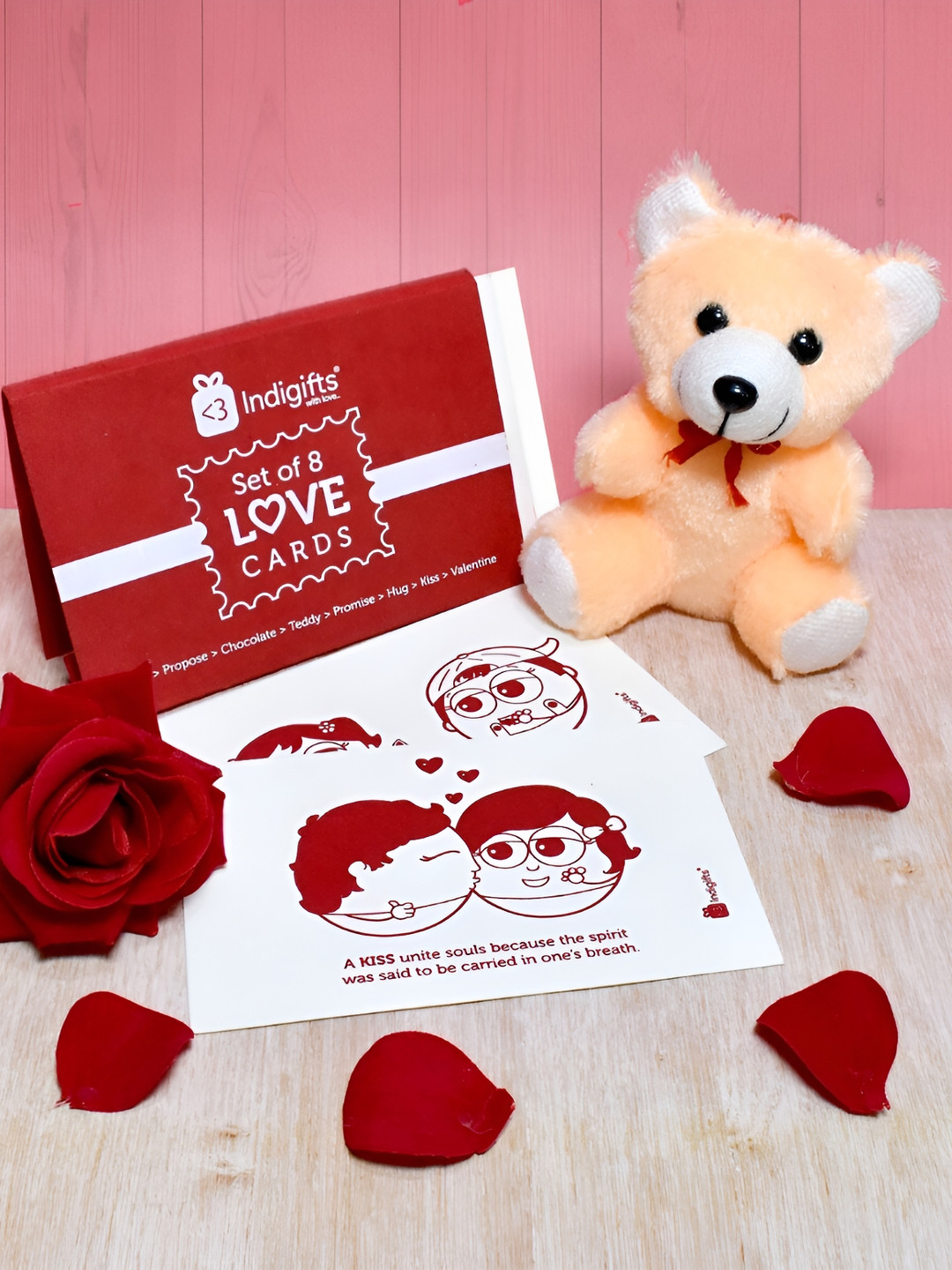 Indigifts White & Red 3 Pcs Postcard Teddy & Rose Valentine Home Gift Set