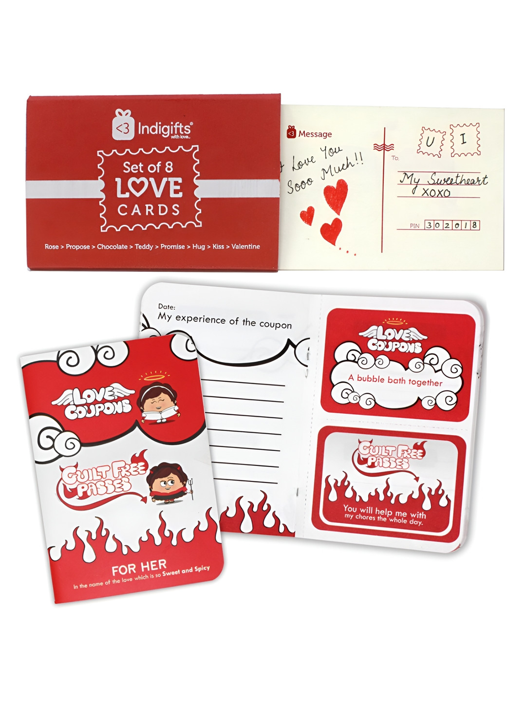 Indigifts White & Red 15 Pcs Printed Postcards & Coupons Valentine Home Gift Set