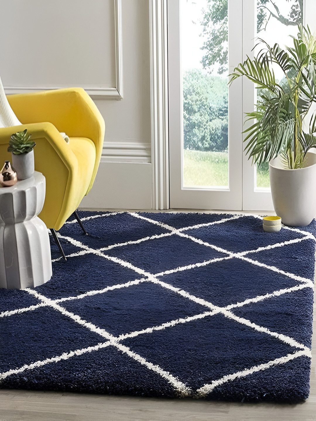 Shopgallery Navy Blue & White Geometric Anti-Skid Shaggy Carpet