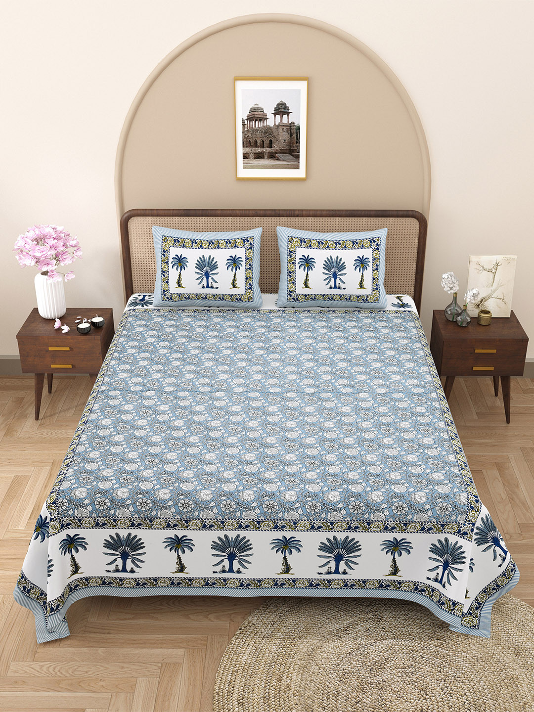 JAIPUR FABRIC Whimsical Woodcuts Blue Floral Pure Cotton Skin-Friendly 180 TC Queen Bedsheet with 2 Pillow Covers-108 x 100 inches
