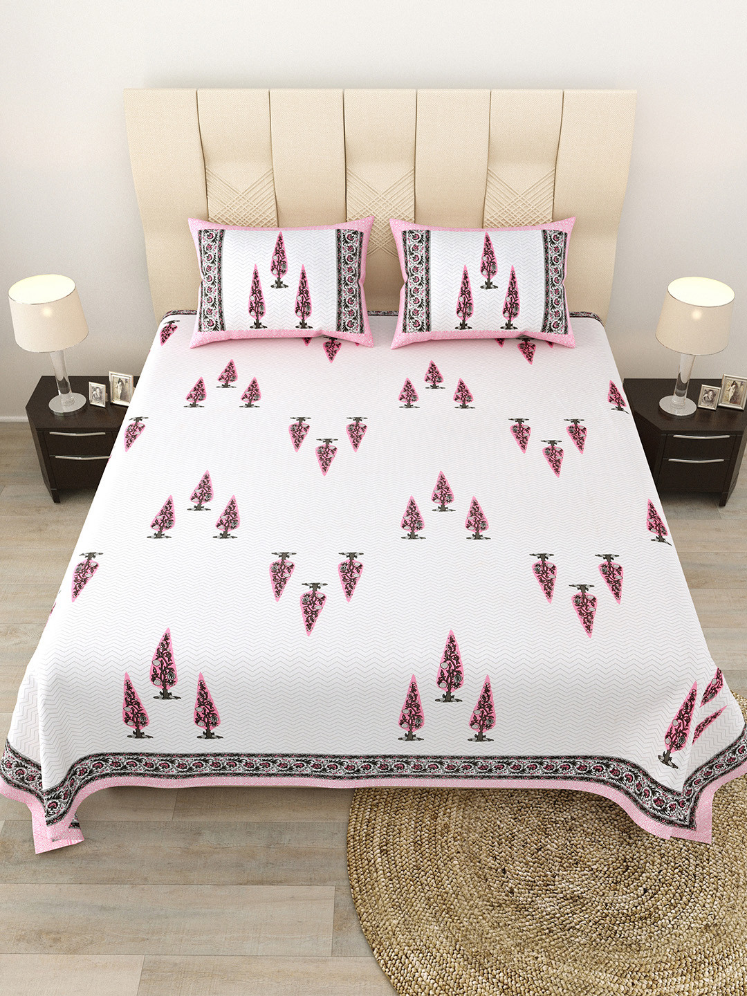 JAIPUR FABRIC Elemental Elegance White Floral Cotton 180 TC Queen Fine Bedsheet with 2 Pillow Covers-90 x 100 inches