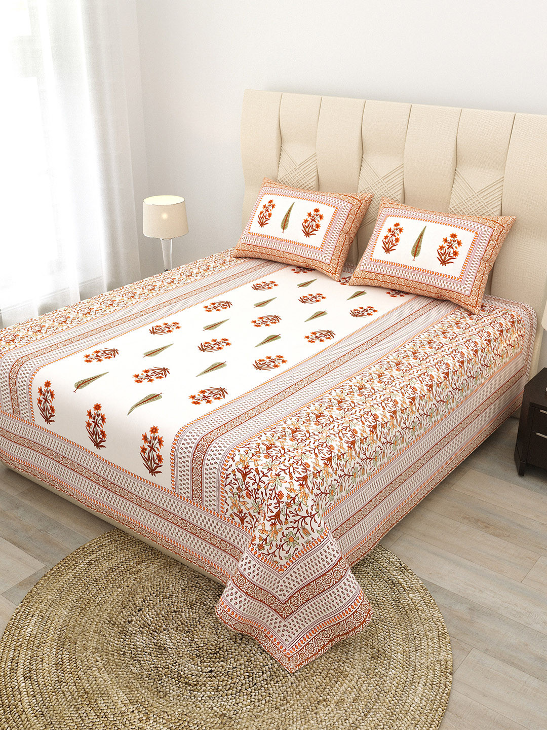 JAIPUR FABRIC Serene Symmetry Brown Floral Cotton 180 TC Queen Bedsheet with 2 Pillow Covers-90 x 108 inches