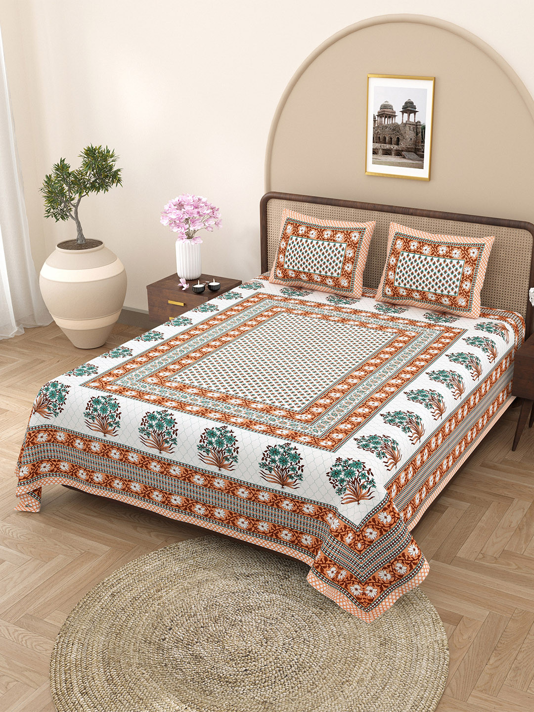JAIPUR FABRIC Heritage Hues Mustardy White Ethnic Motifs Pure Cotton 180 TC Queen Fine Bedsheet with 2 Pillow Covers-90 x 102 inches