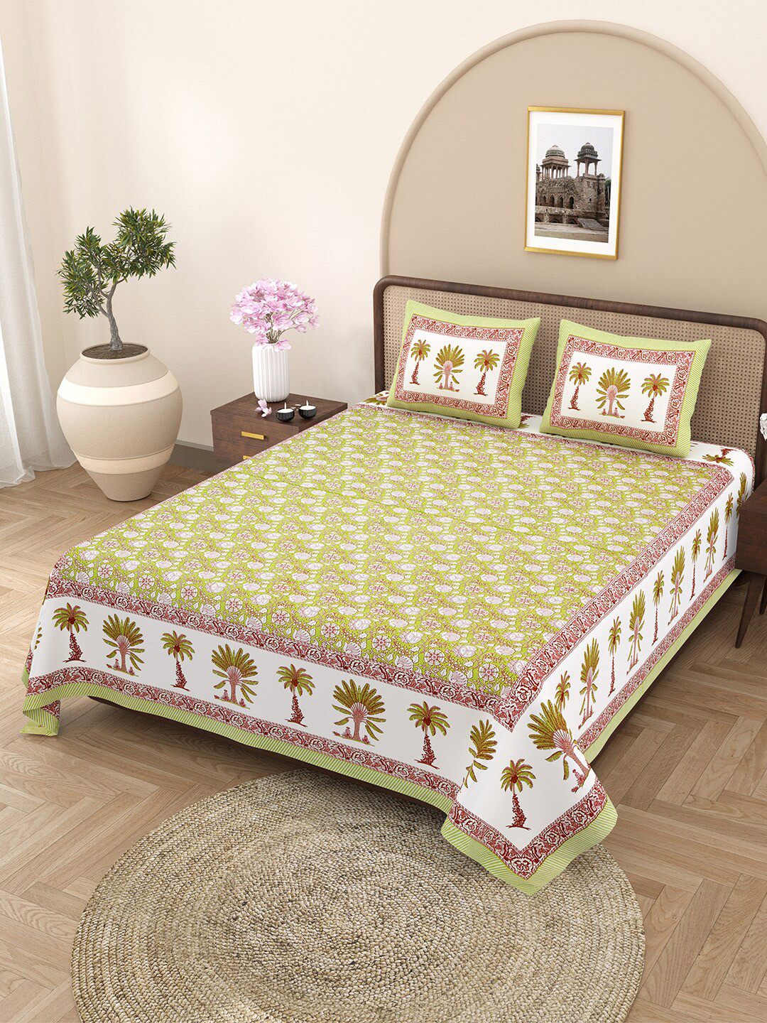 JAIPUR FABRIC Whimsical Woodcuts Green Floral Pure Cotton 180 TC Queen Fine Bedsheet with 2 Pillow Covers-90 x 100 inches
