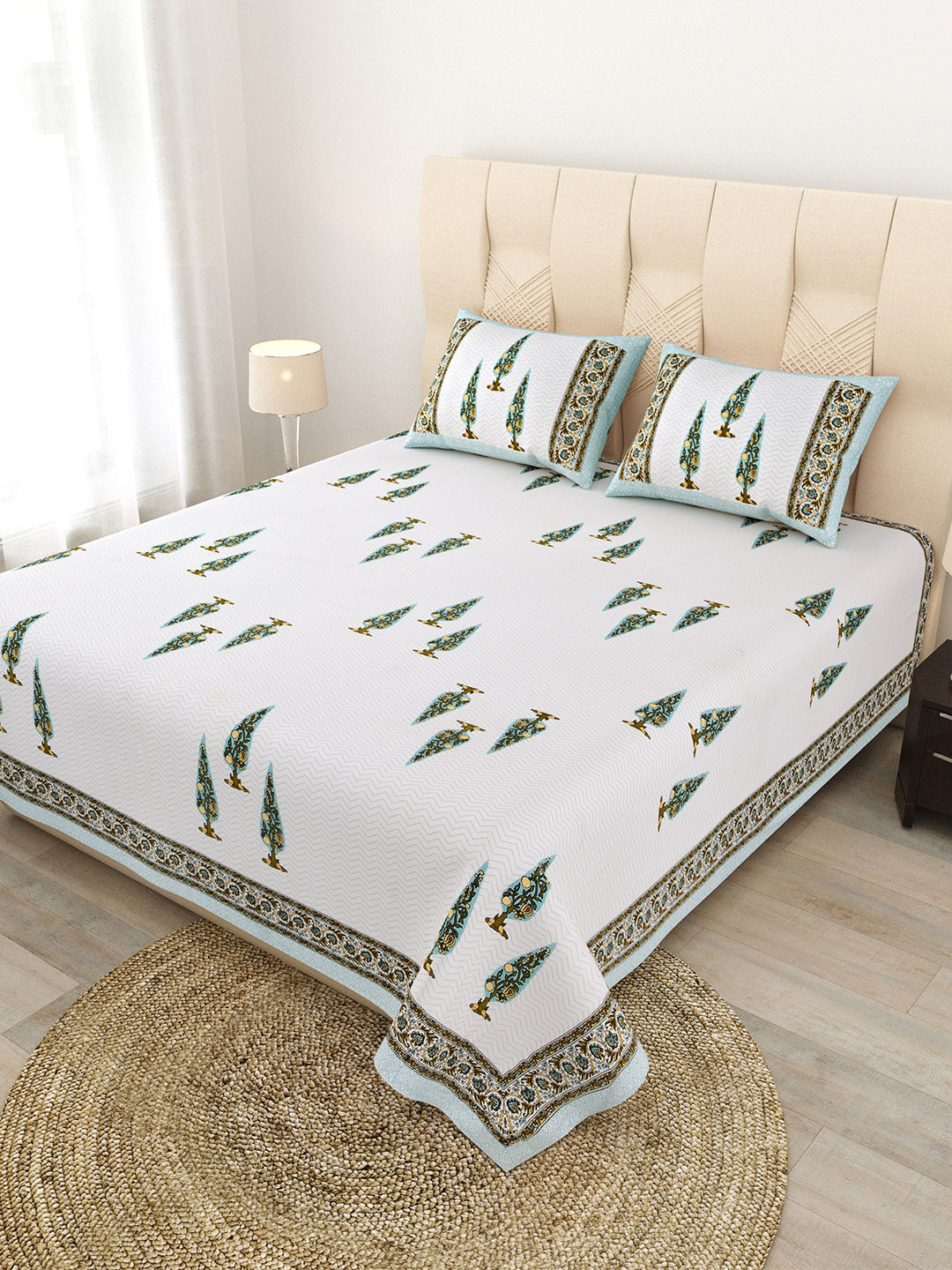 JAIPUR FABRIC Elemental Elegance Green Floral Pure Cotton 180 TC Queen Bedsheet with 2 Pillow Covers-90 x 108 inches