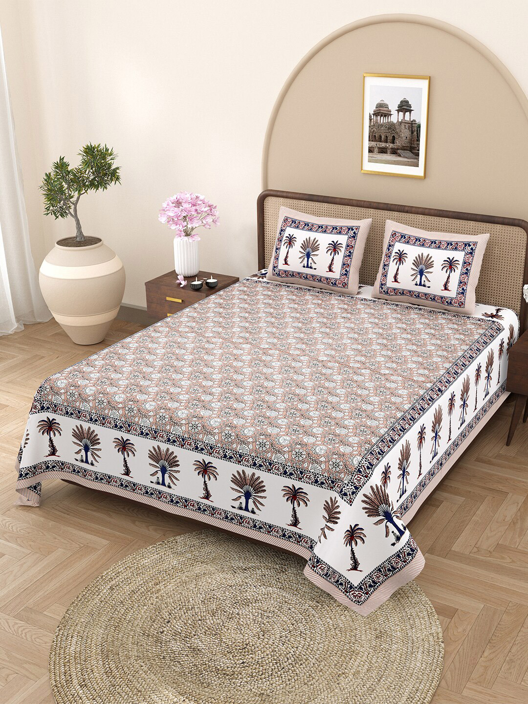 JAIPUR FABRIC Whimsical Woodcuts White Floral Pure Cotton 180 TC Queen Fine Bedsheet with 2 Pillow Covers-90 x 100 inches