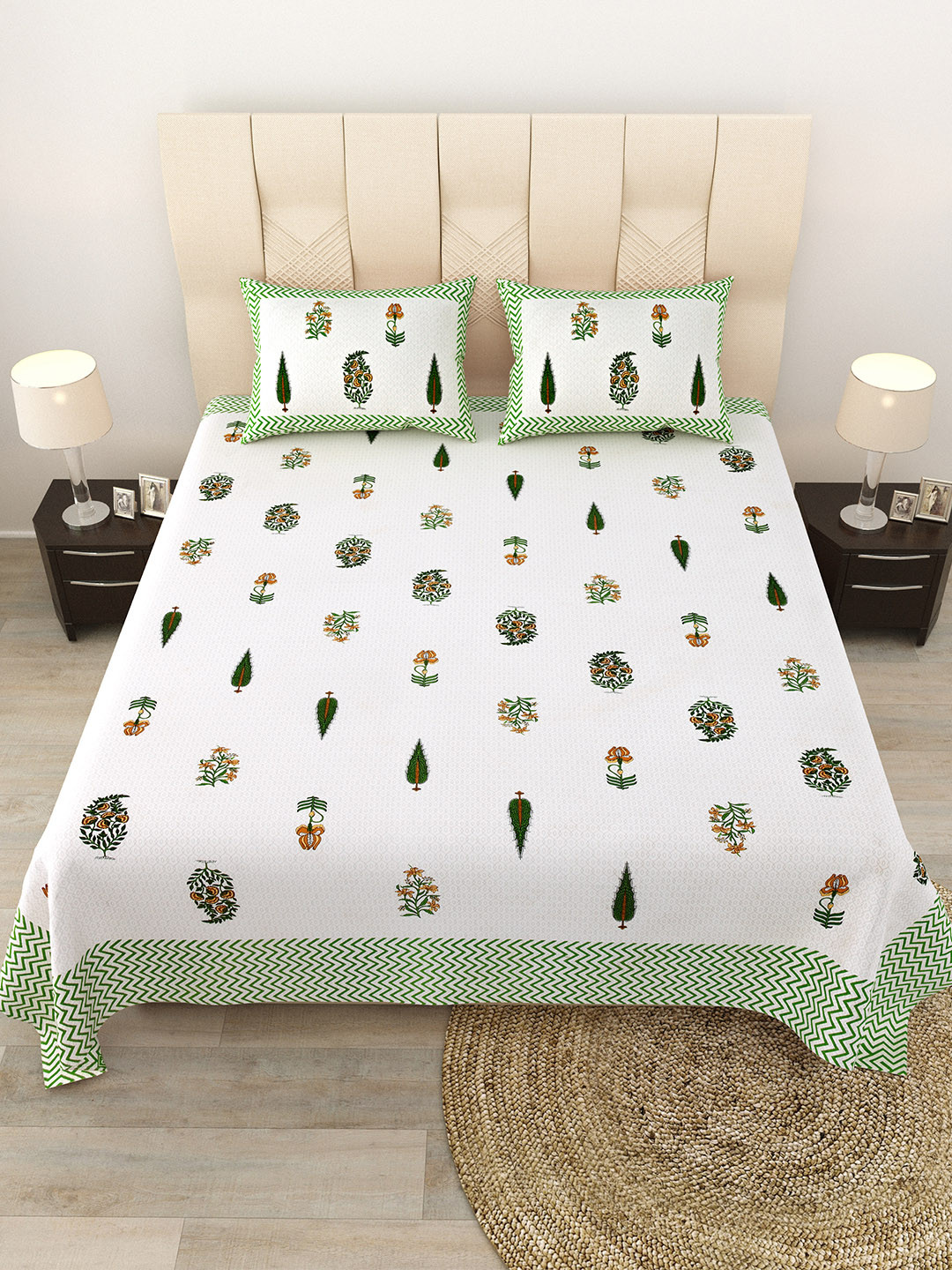 JAIPUR FABRIC Folklore Fables Green Floral Pure Cotton 180 TC Queen Bedsheet with 2 Pillow Covers-107 x 89 inches