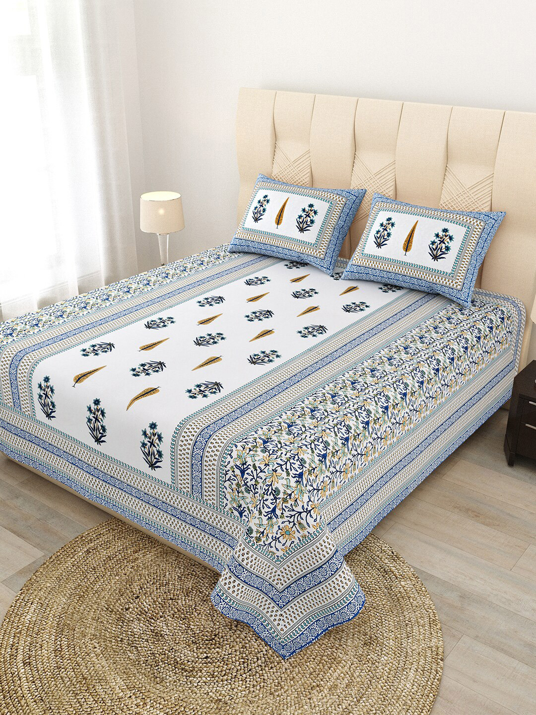 JAIPUR FABRIC White & Blue Floral Cotton Flat Queen Bedsheet with 2 Pillow Covers
