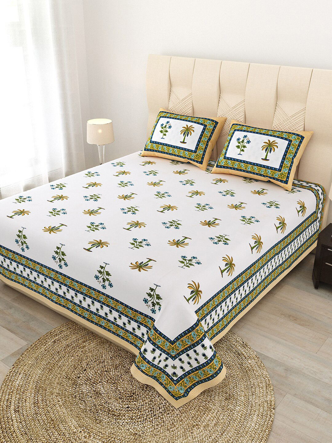 JAIPUR FABRIC White & Green Floral Cotton Flat Queen Bedsheet with 2 Pillow Covers