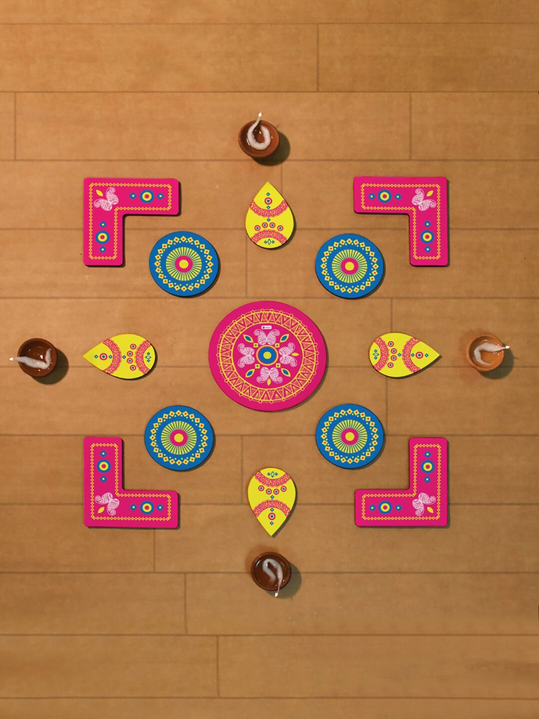 Indigifts 13 Pcs Green & Pink Floral Printed Wooden Rangoli Stickers With Hanging Lights