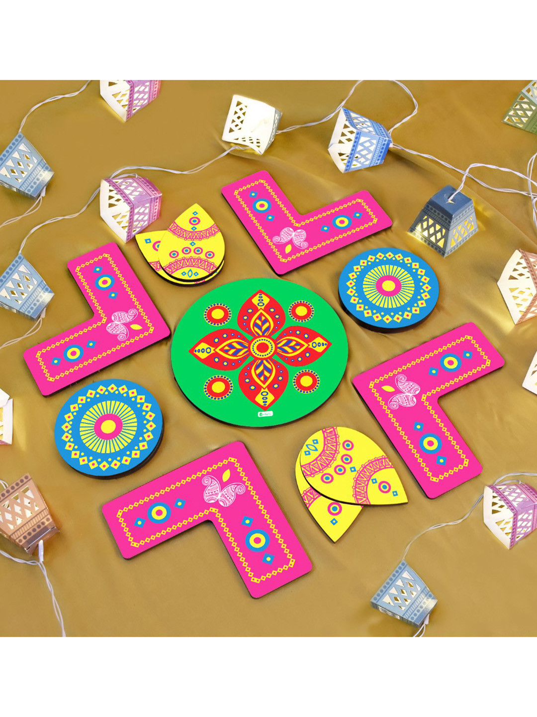 Indigifts 13 Pcs Blue & Pink Floral Printed Wooden Rangoli Stickers With Hanging Lights