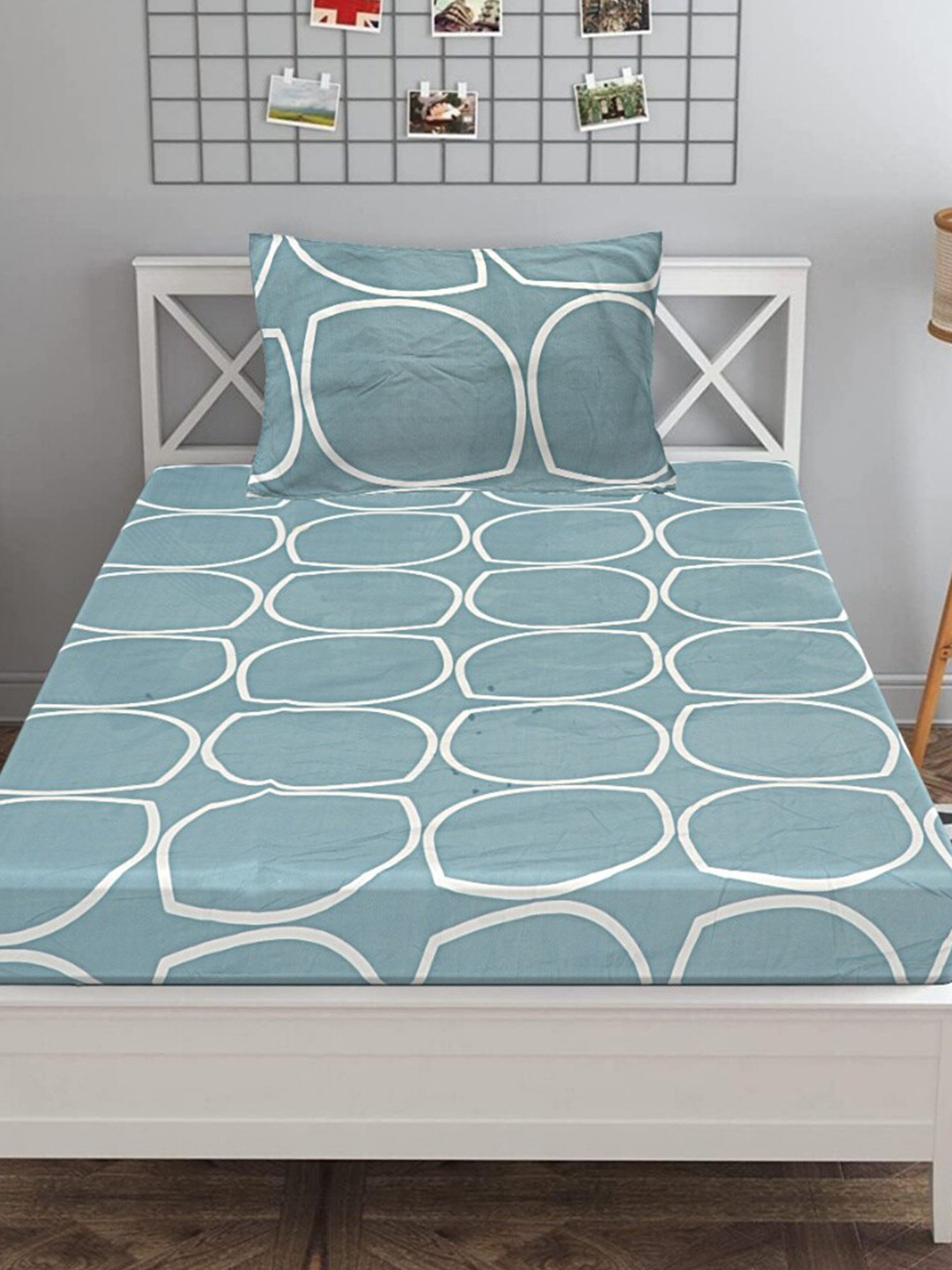 INDHOME LIFE Turquoise Blue Geometric Cotton 210 TC Fitted Single Fine Bedsheet with a Pillow Cover-60 x 90 inches