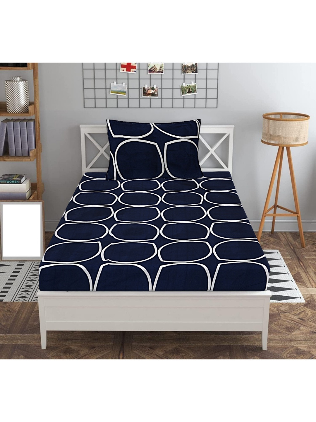 INDHOME LIFE Blue Geometric Cotton 210 TC Fitted Queen Fine Bedsheet with a Pillow Cover-60 x 90 inches