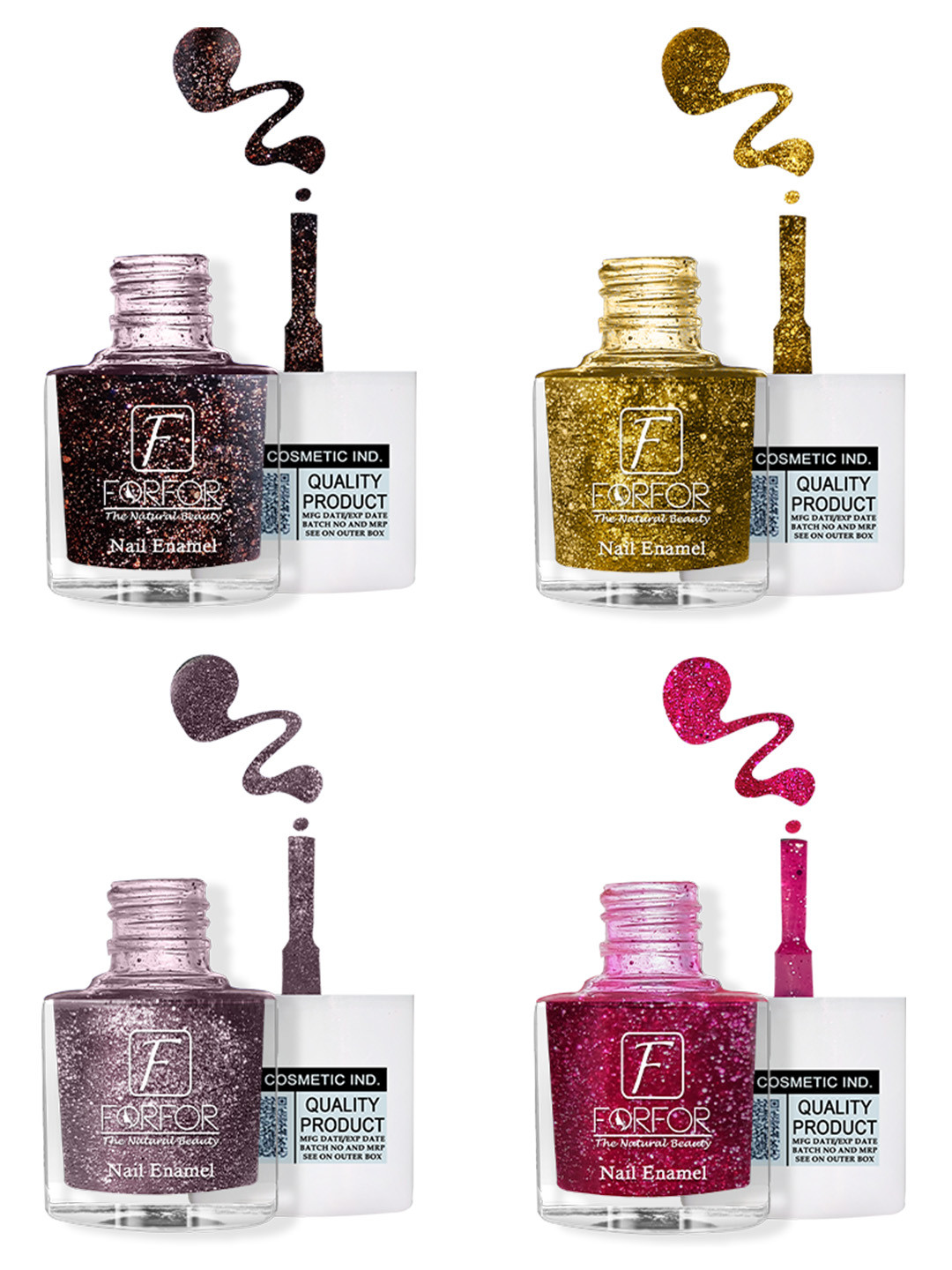 FORFOR 4-Pcs Long Lasting Glitter Nail Polish - 5ml Each- Lavender-Brown-Pink-Yellow