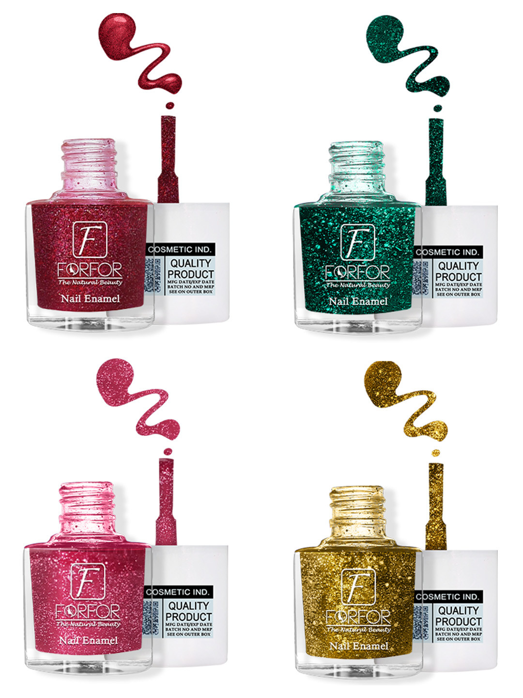 FORFOR High Shine Set Of 4 Glitter Nail Polish-5ml Each-Light Pink-Yellow-Dark Green-Red