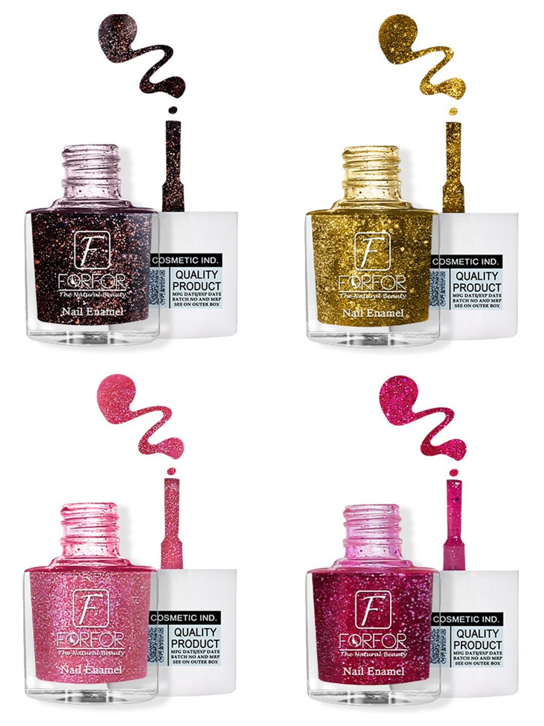 FORFOR High Shine 4-Pcs Glitter Nail Polish-5ml Each-Brown-Pink-Baby Pink-Yellow
