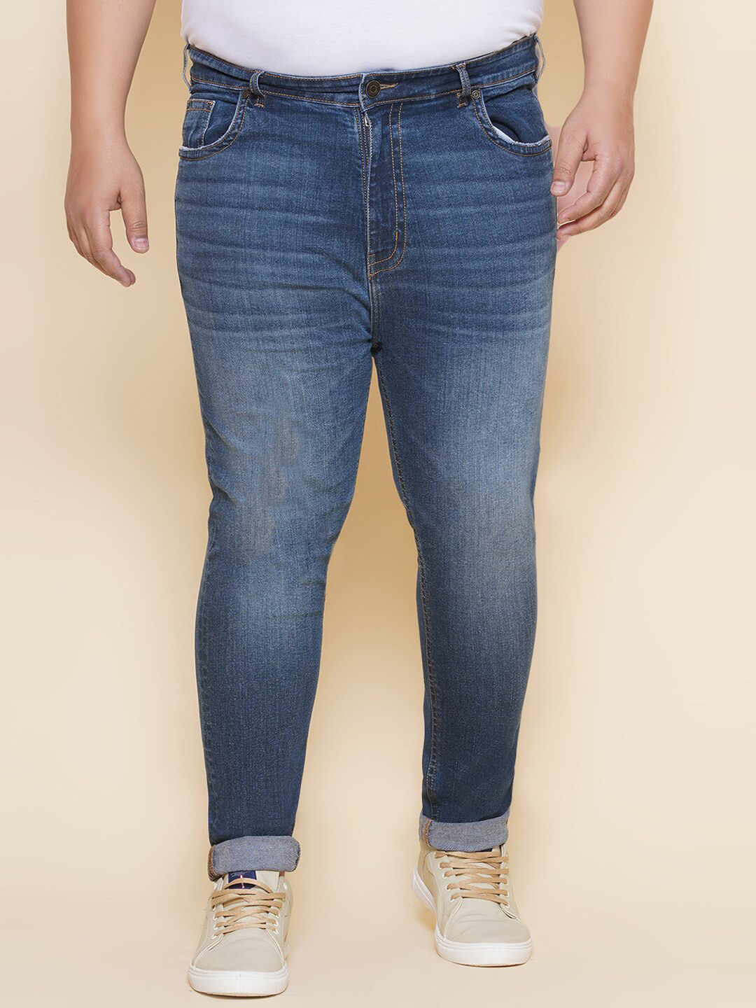 John Pride Men Plus Size Clean Look Light Fade Whiskers & Chevrons Stretchable Jeans