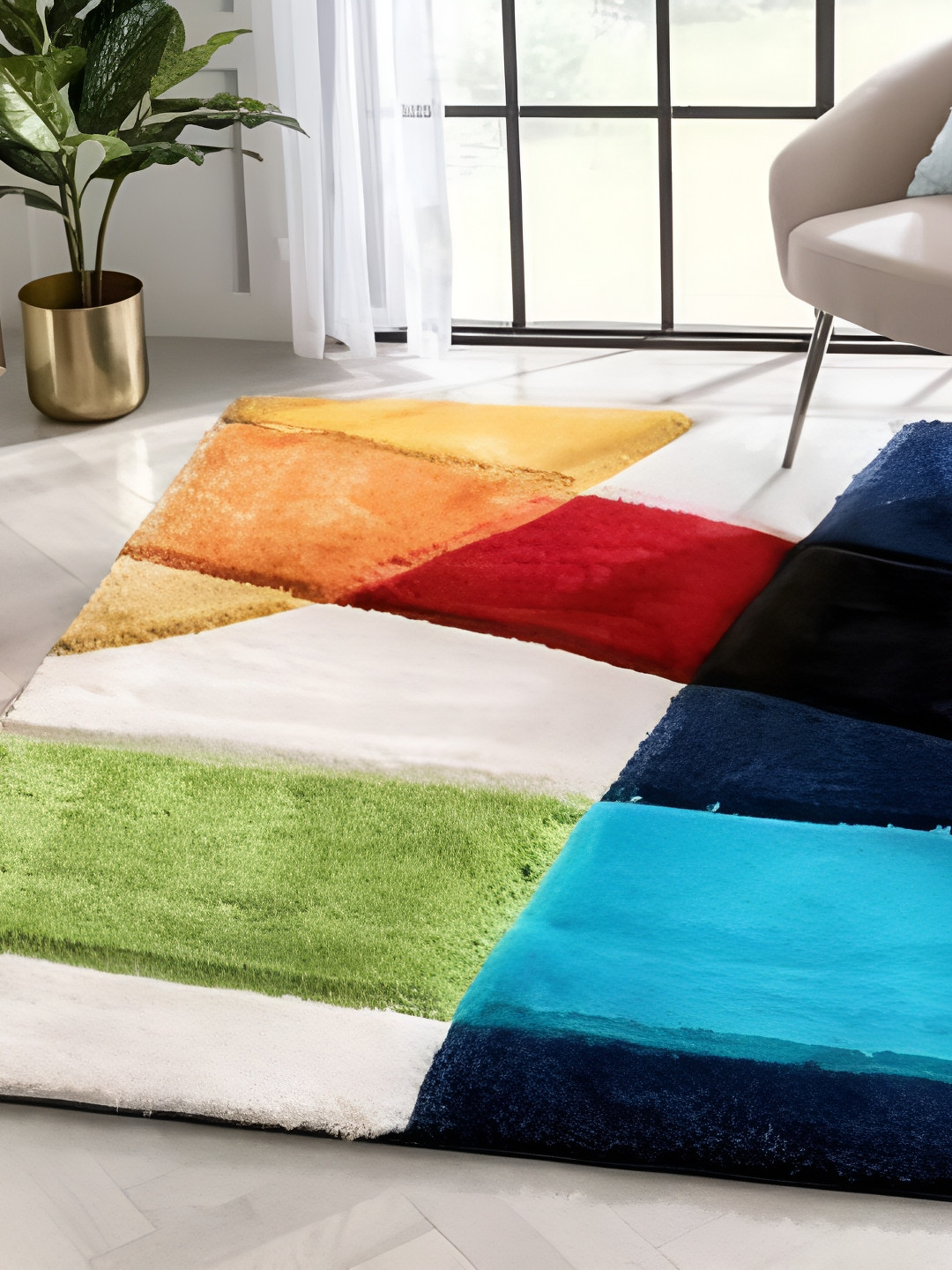 Shopgallery Orange & Blue Geometric Anti-Skid Shaggy Carpet