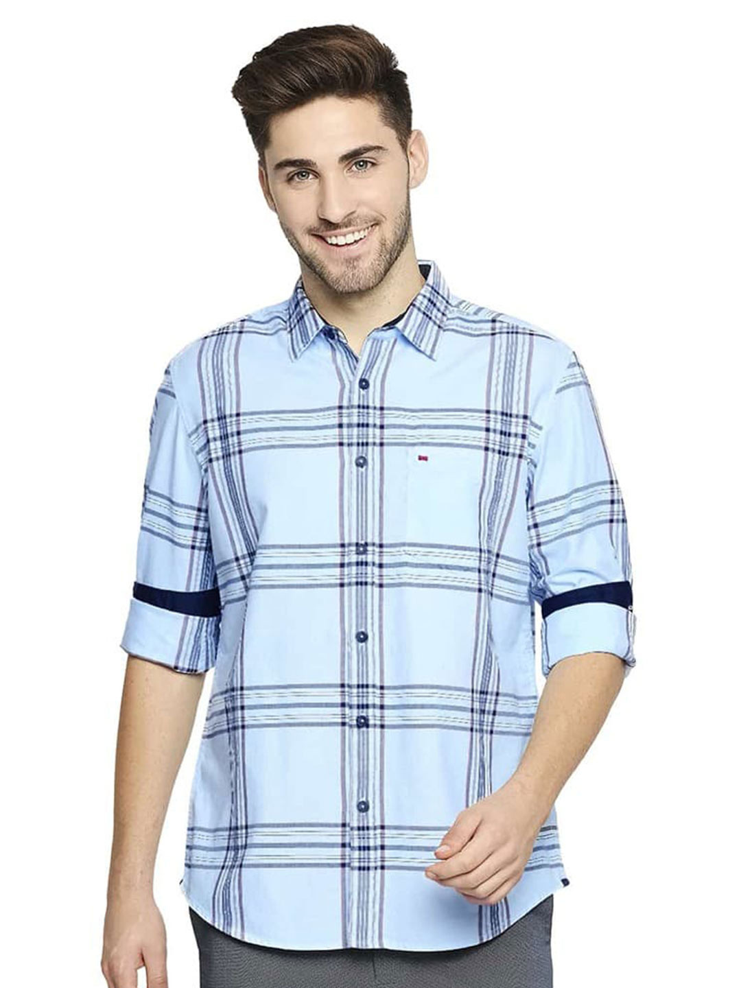 Basics Slim Fit Windowpane Checks Spread Collar Long Roll Up Sleeves Casual Shirt