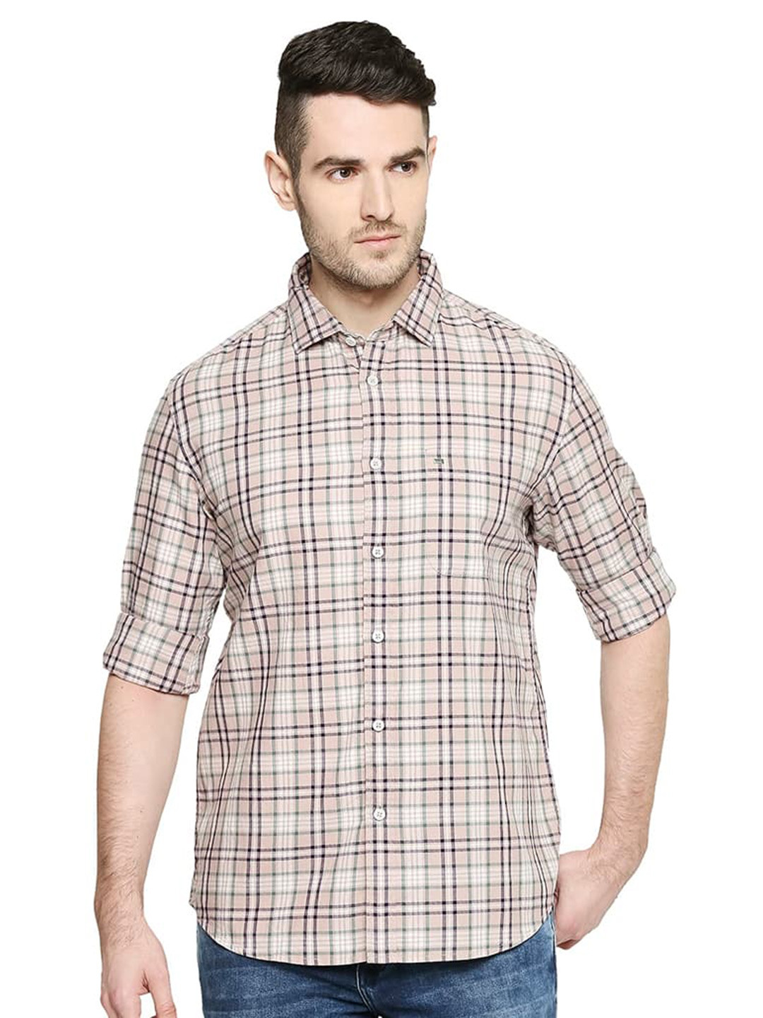 Basics Tartan Checks Cotton Spread Collar Curved Slim Fit Casual Shirt