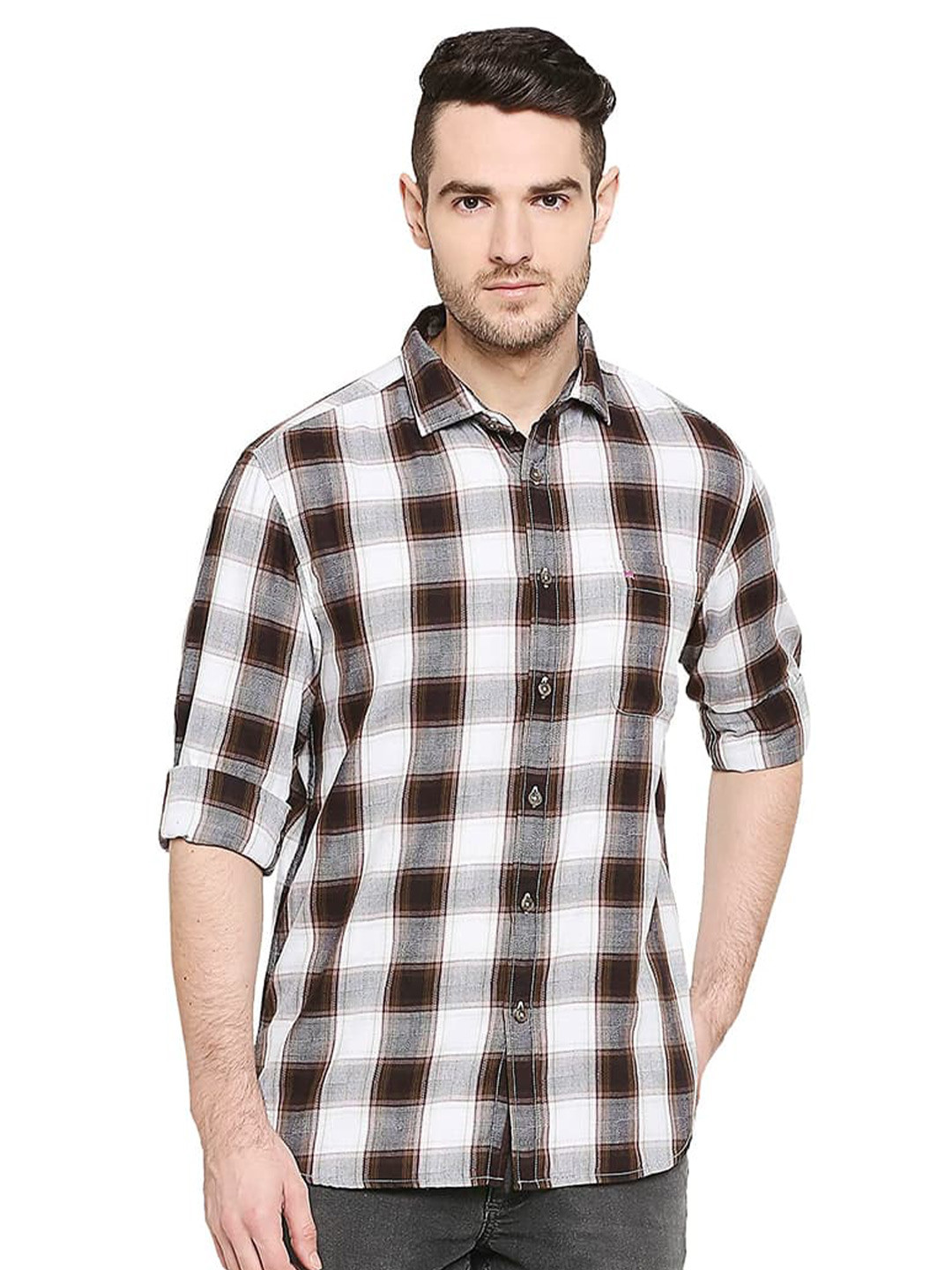 Basics Tartan Checks Cotton Slim Fit Curved Checked Casual Shirt