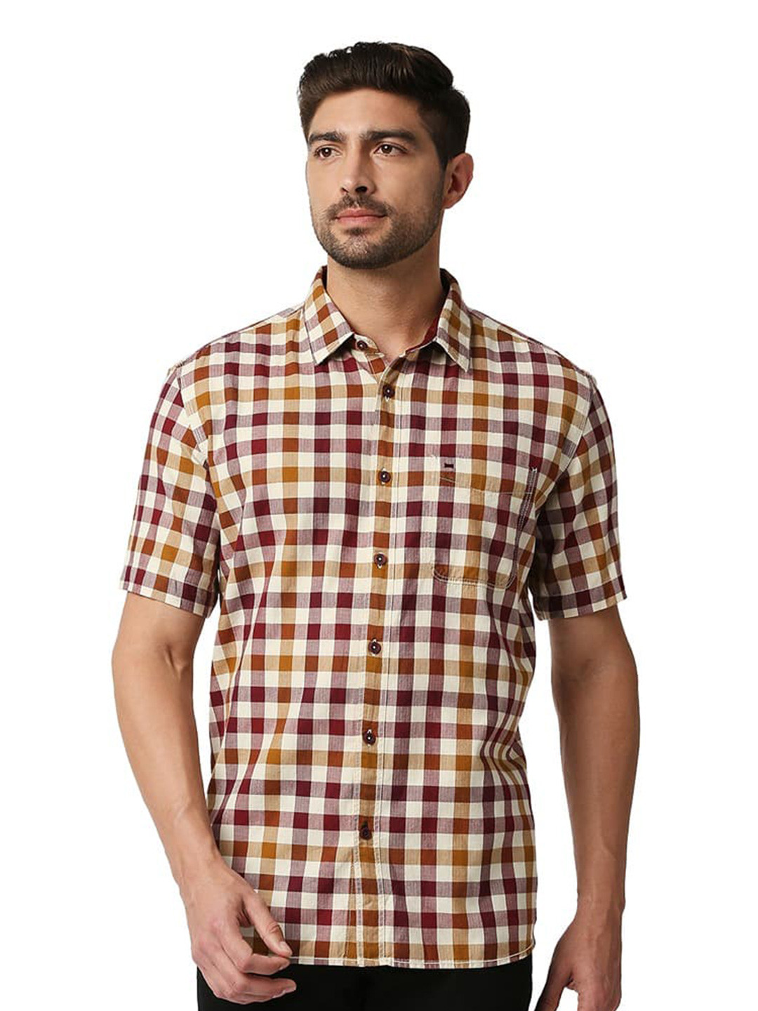 Basics Spread Collar Short Sleeves Gingham Checks Cotton Slim Fit Opaque Casual Shirt