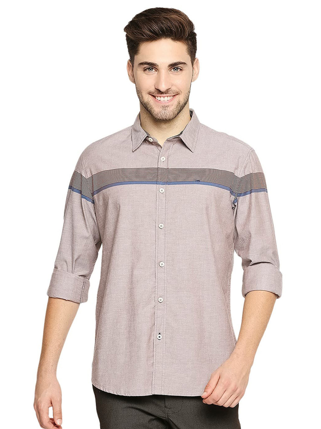 Basics Horizontal Stripes Cotton Slim Fit Opaque Casual Shirt