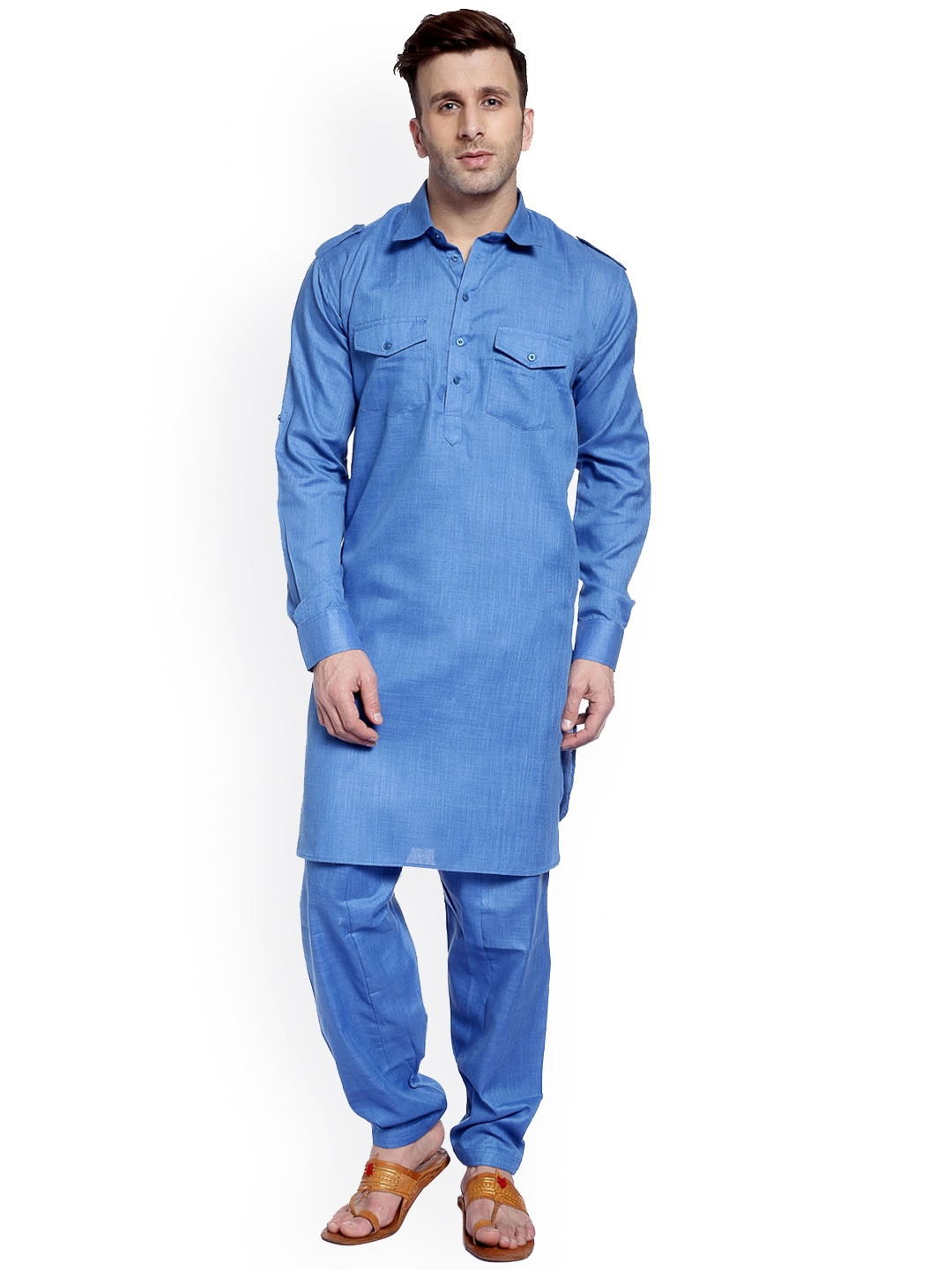 Buy Hangup Men Blue Solid Kurta With Trousers Kurta Sets for Men