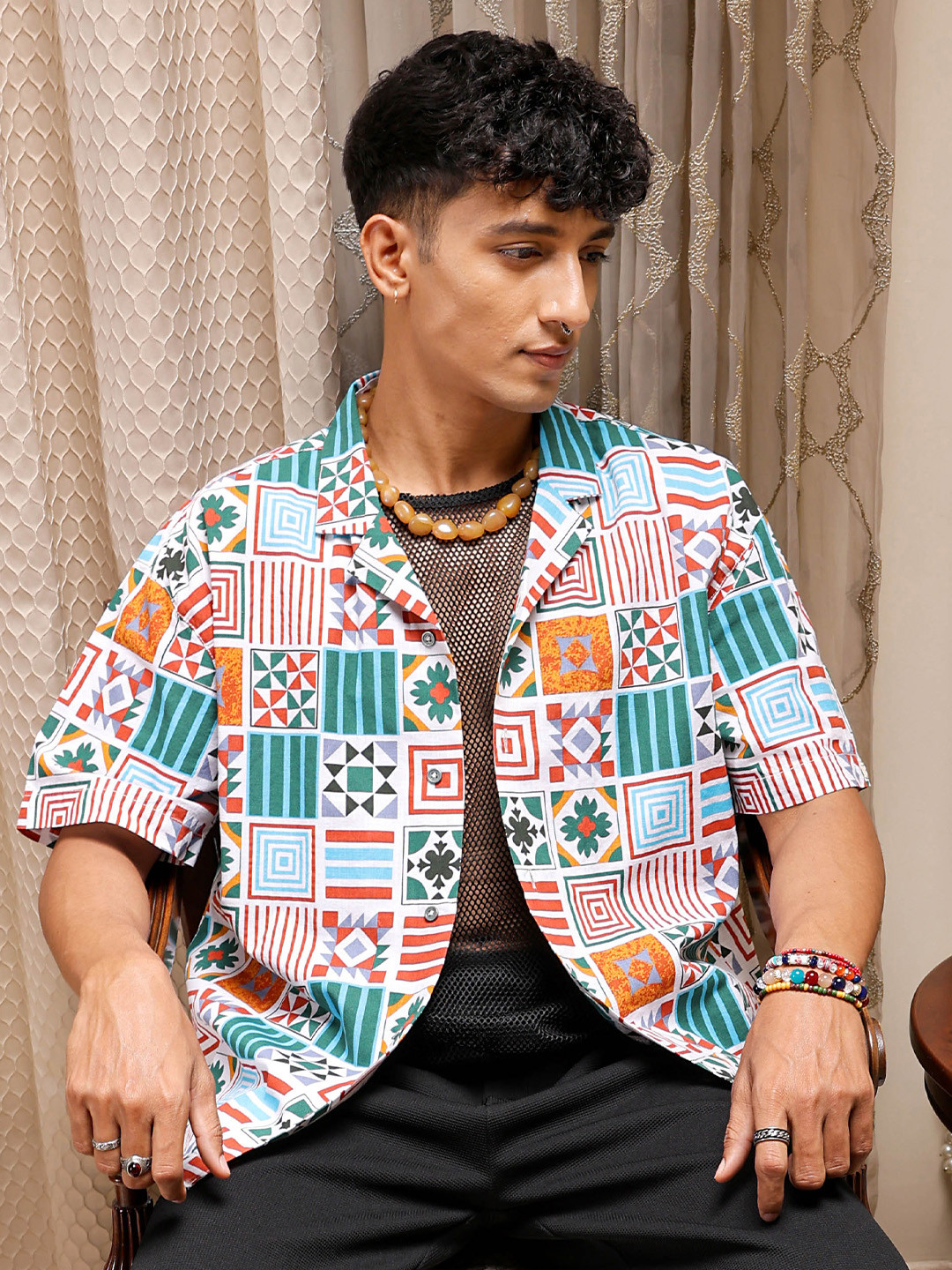 The Indian Garage Co Men Relaxed Fit Indie Geo Mosaic Printed Resortwear Shirt