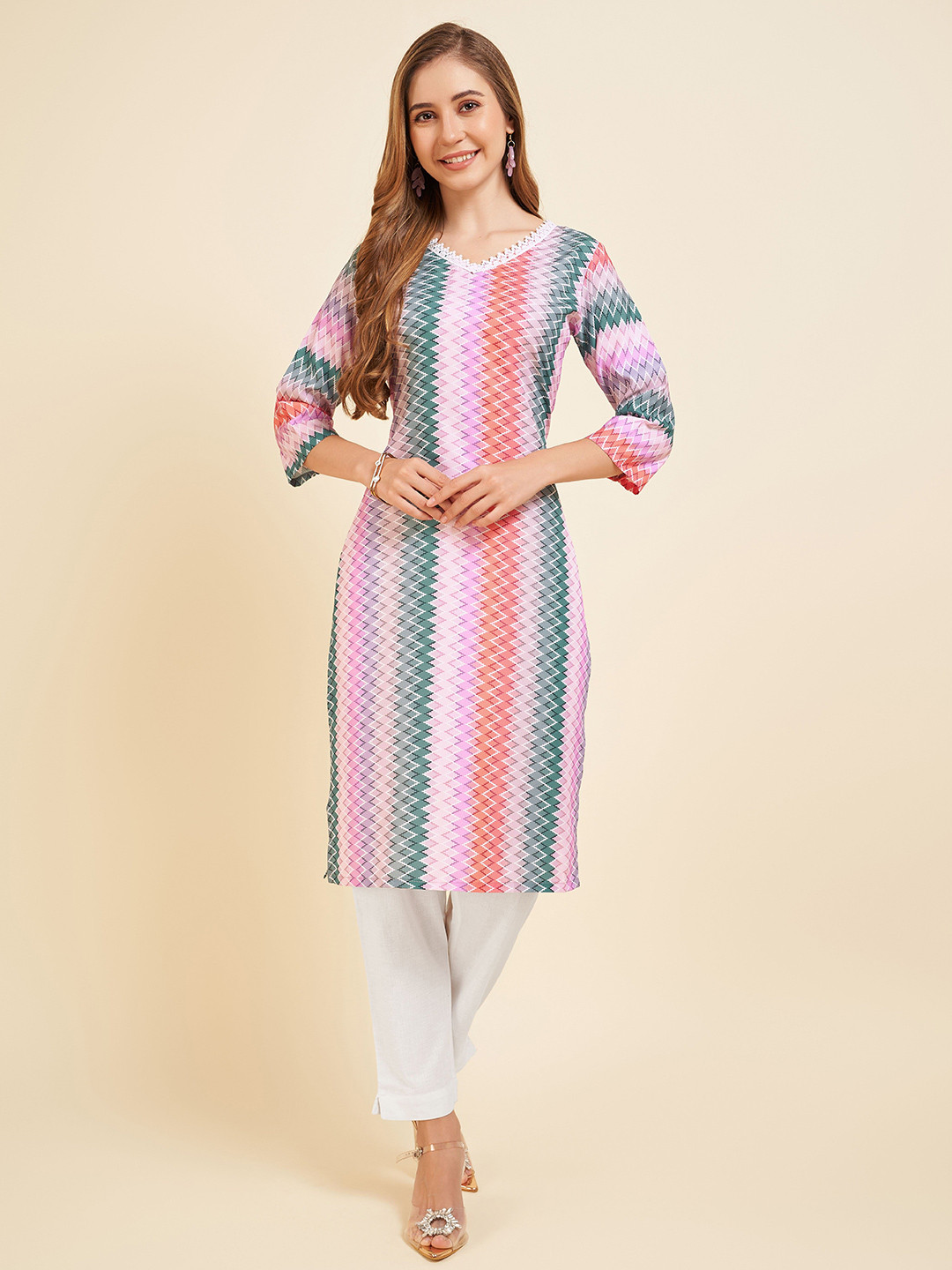 Rekha Maniyar Geometric Printed Pure Crepe Lace Straight Kurta