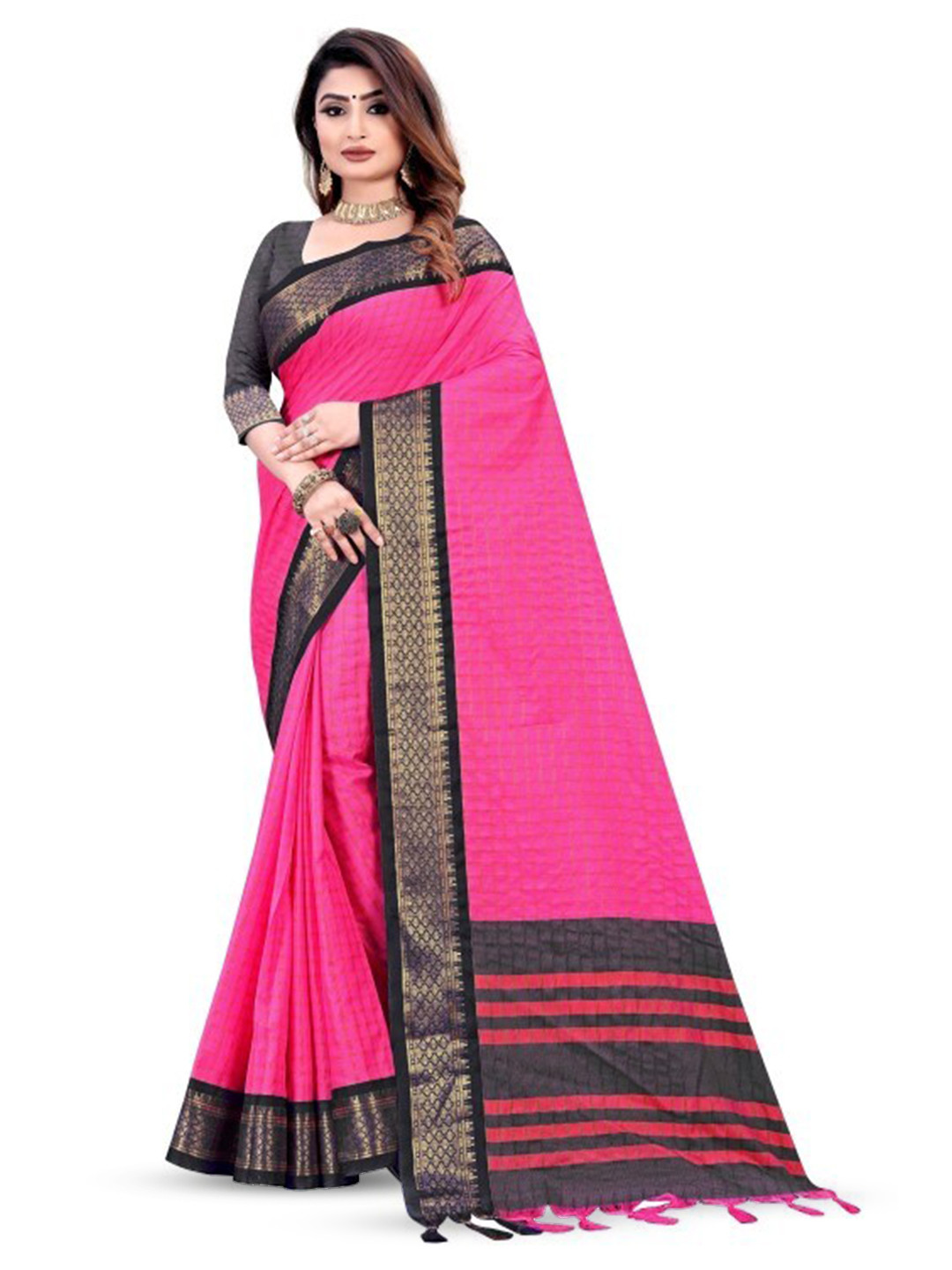 Hensi sarees shop Woven Design Checked Zari Silk Cotton Pochampally Saree