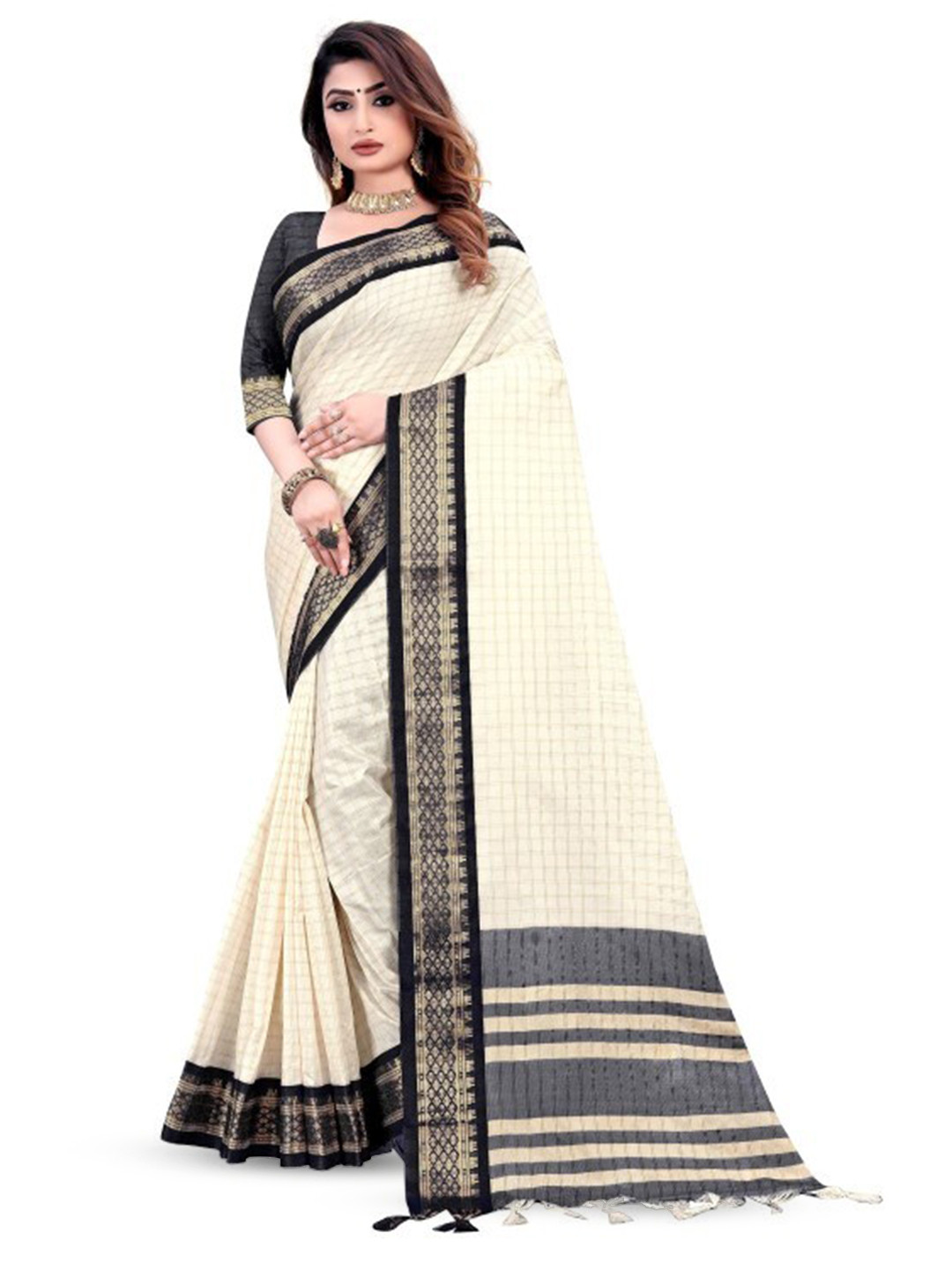 Hensi sarees shop Woven Design Checked Zari Silk Cotton Pochampally Saree