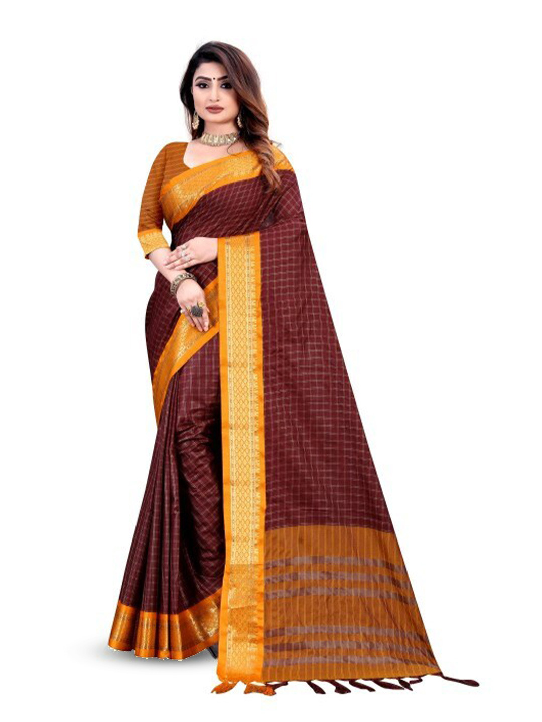 Hensi sarees shop Woven Design Checked Zari Silk Cotton Pochampally Saree