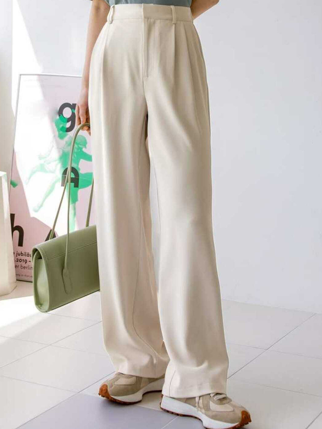 Next One Women Beige Pleated Korean Pants