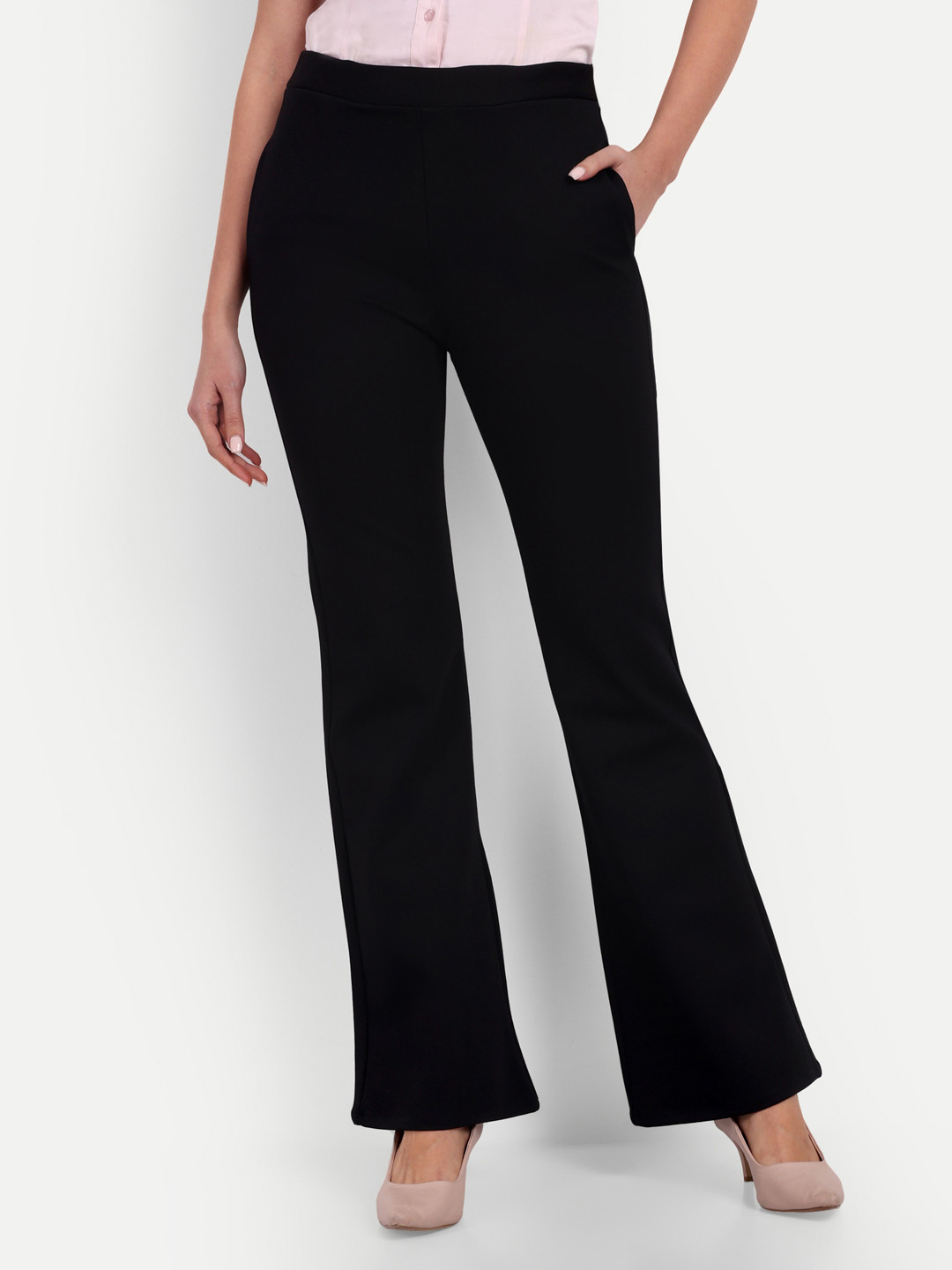 BROADSTAR Women Smart Flared High-Rise Stretchable Cotton Trousers