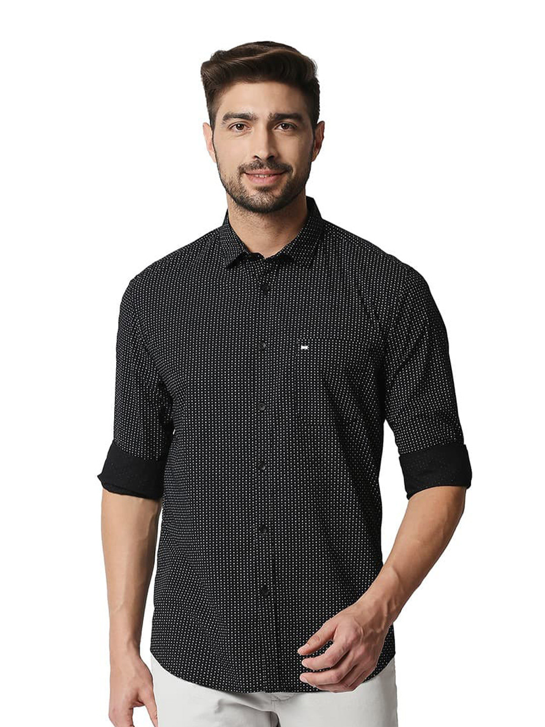 Basics Black Slim Fit Cotton Printed Casual Shirt