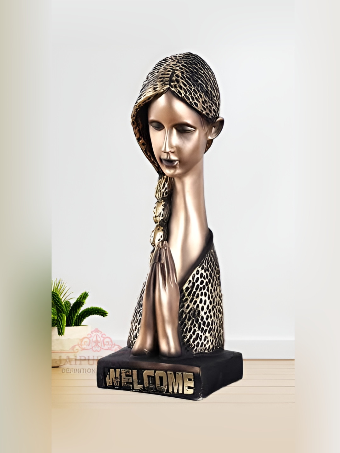 JAIPUR ACE Namaste Lady Welcome Gold Polyresin Natural Living Room Medium Showpiece - 14.6 Inches