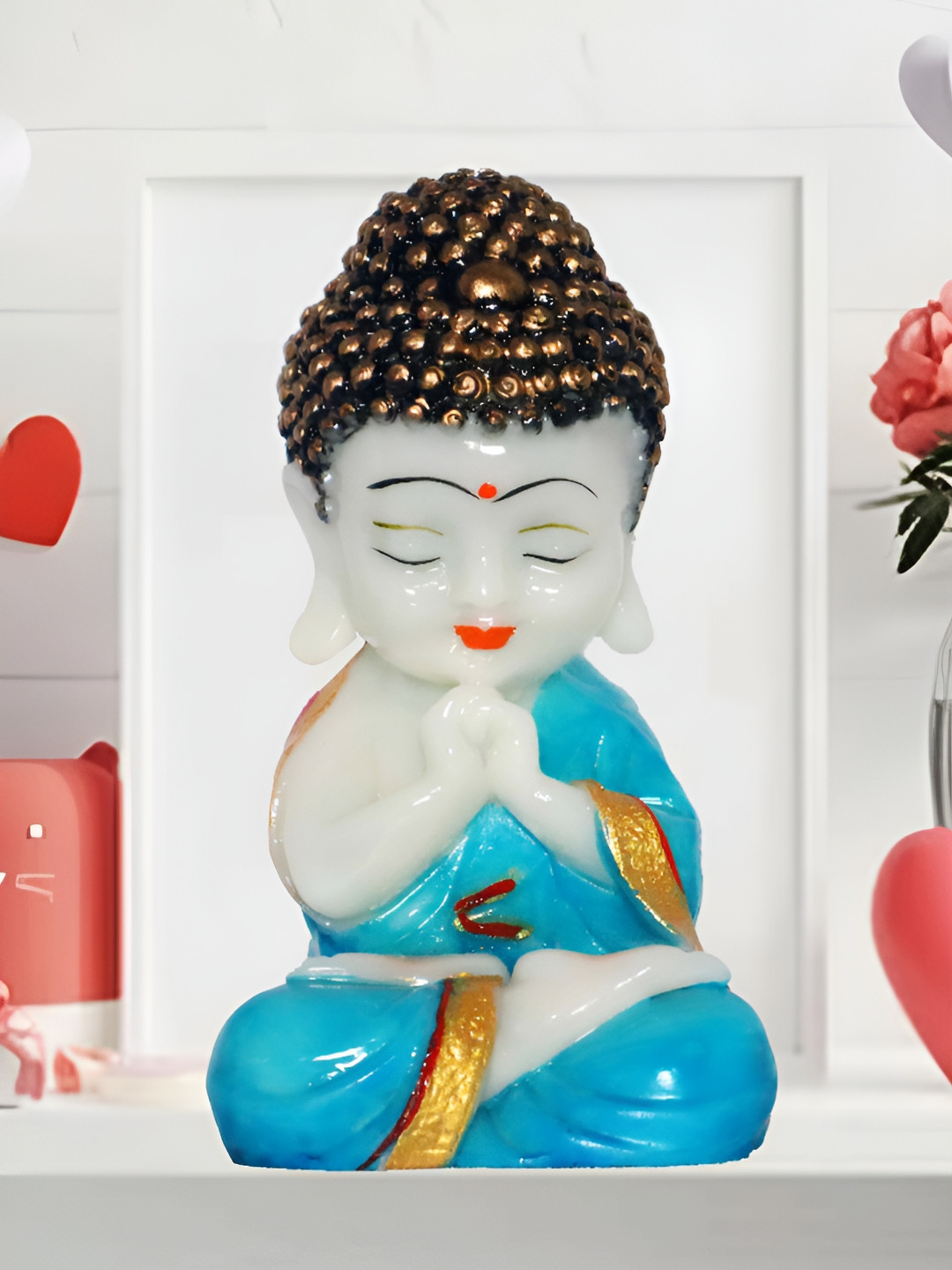 JAIPUR ACE Praying Monk Buddha Blue Polyresin Natural Prayer Room Medium Showpiece - 3.1 Inches
