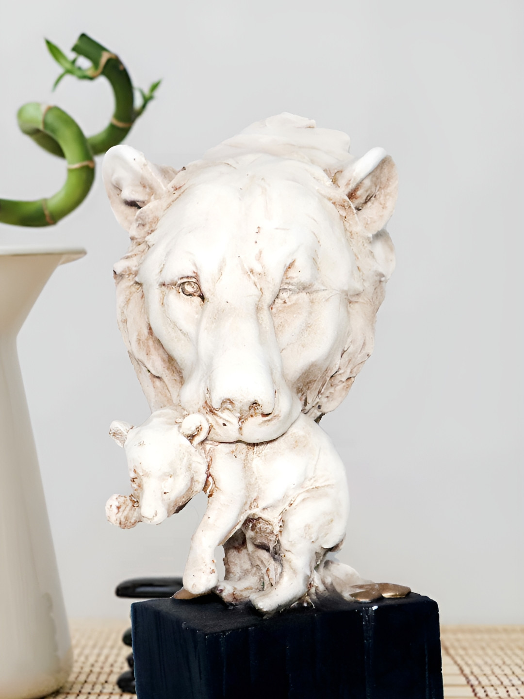 JAIPUR ACE Tiger with Baby Beige Polyresin Matte Living Room Medium Showpiece - 3.4 Inches