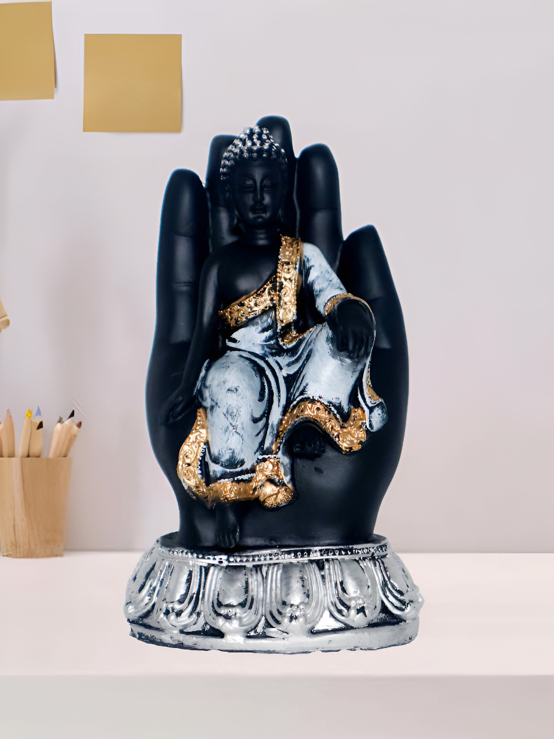 JAIPUR ACE Hand Meditating Buddha Black Polyresin Glossy Living Room Small Showpiece - 3.1 Inches