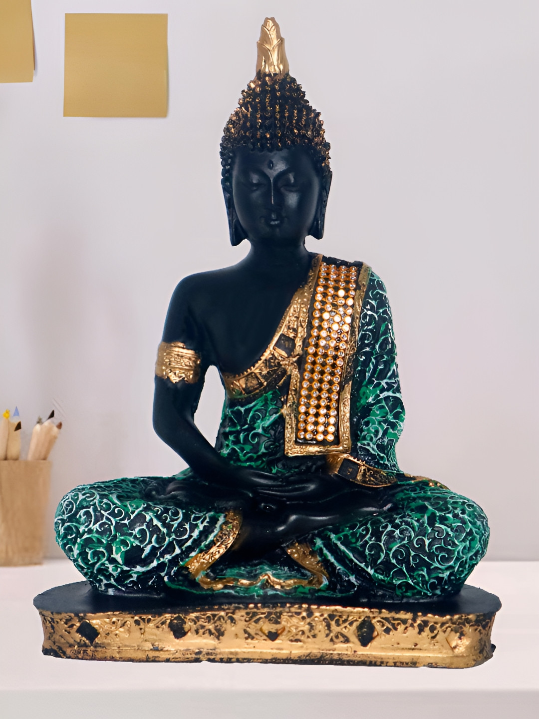 JAIPUR ACE Meditating Buddha Green Polyresin Glossy Living Room Medium Showpiece - 3.5 Inches