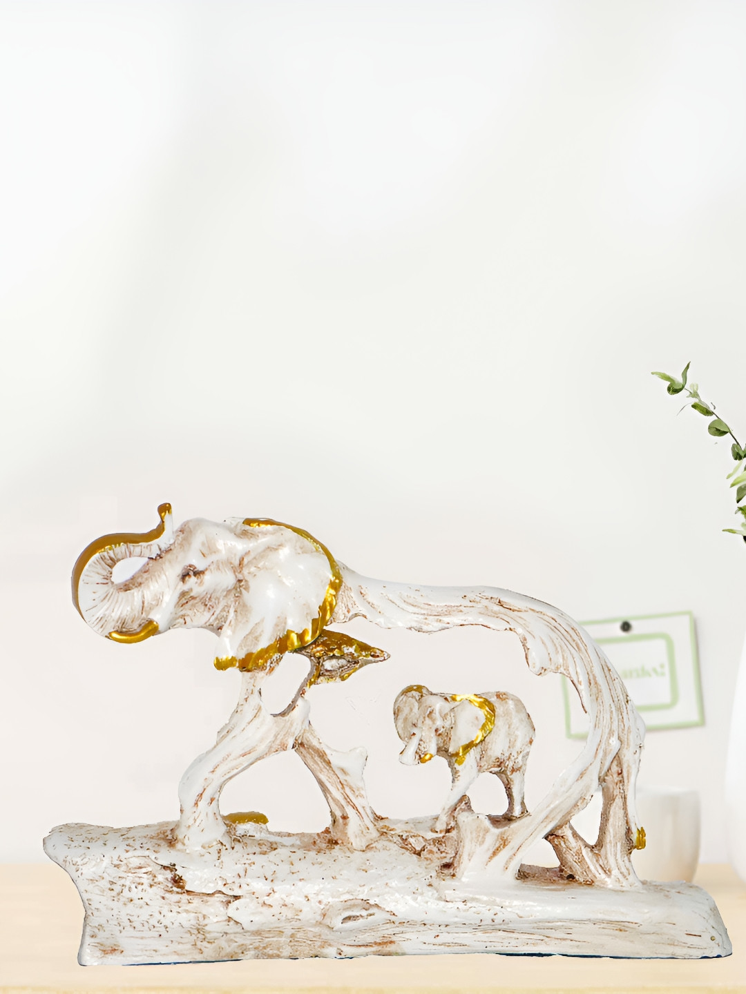 JAIPUR ACE Tree Elephant with Baby Beige Polyresin Matte Living Room Medium Showpiece - 2.5 Inches