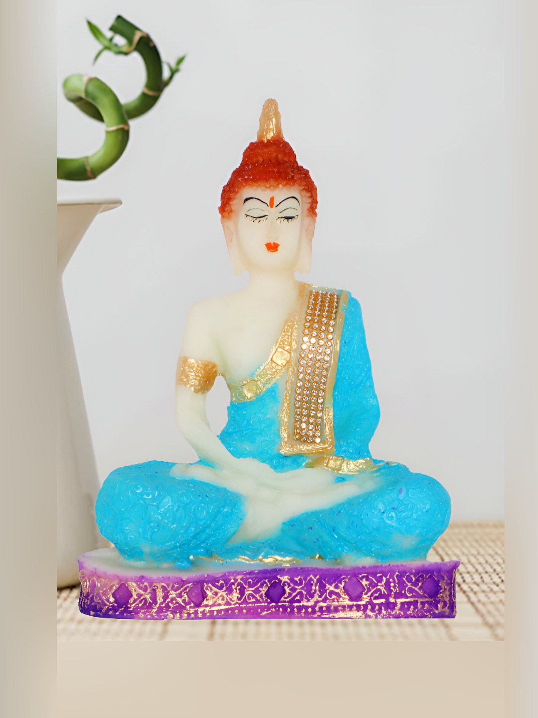 JAIPUR ACE Meditating Buddha Turquoise Blue Polyresin Natural Living Room Small Showpiece - 3.5 Inches