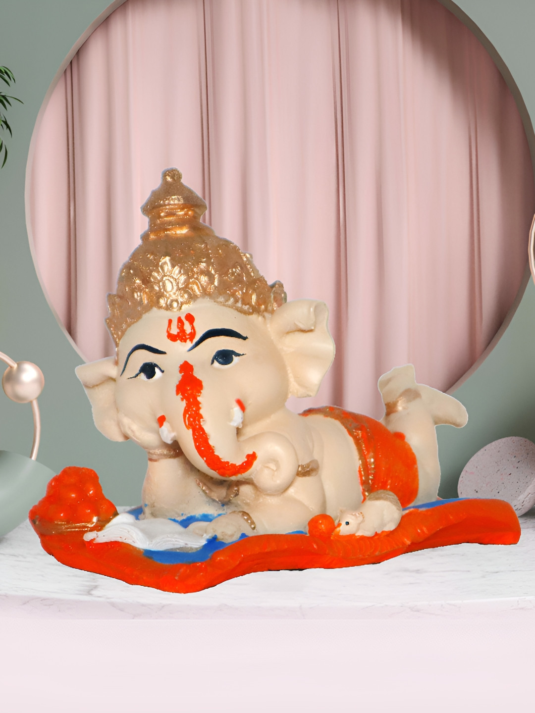 JAIPUR ACE Reading Ganesha Red Polyresin Glossy Living Room Medium Showpiece - 2.2 Inches