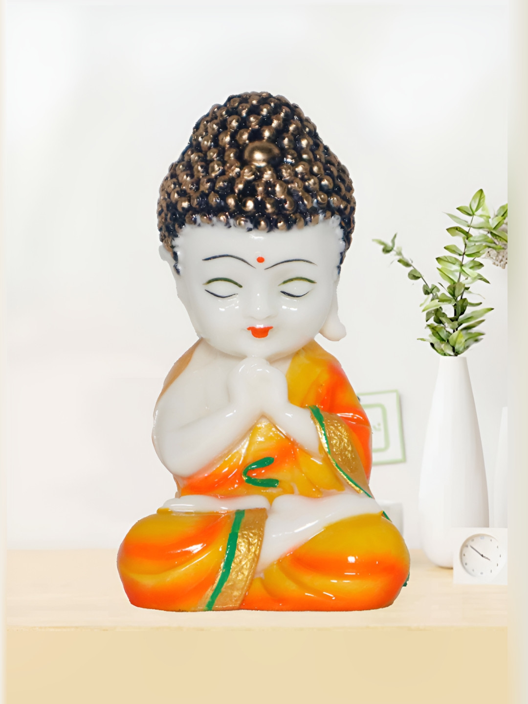 JAIPUR ACE Praying Monk Buddha Yellow Polyresin Natural Living Room Medium Showpiece - 3.5 Inches