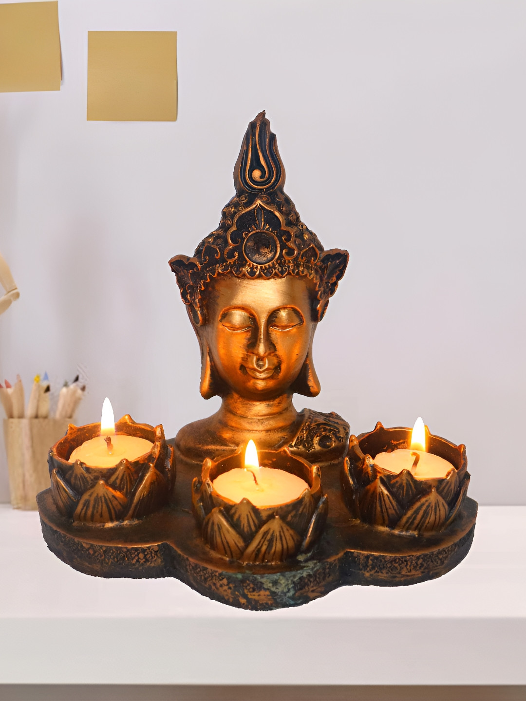 JAIPUR ACE Tea Light Holder Buddha Brown Polyresin Natural Living Room Lights Medium Showpiece - 2.6 Inches