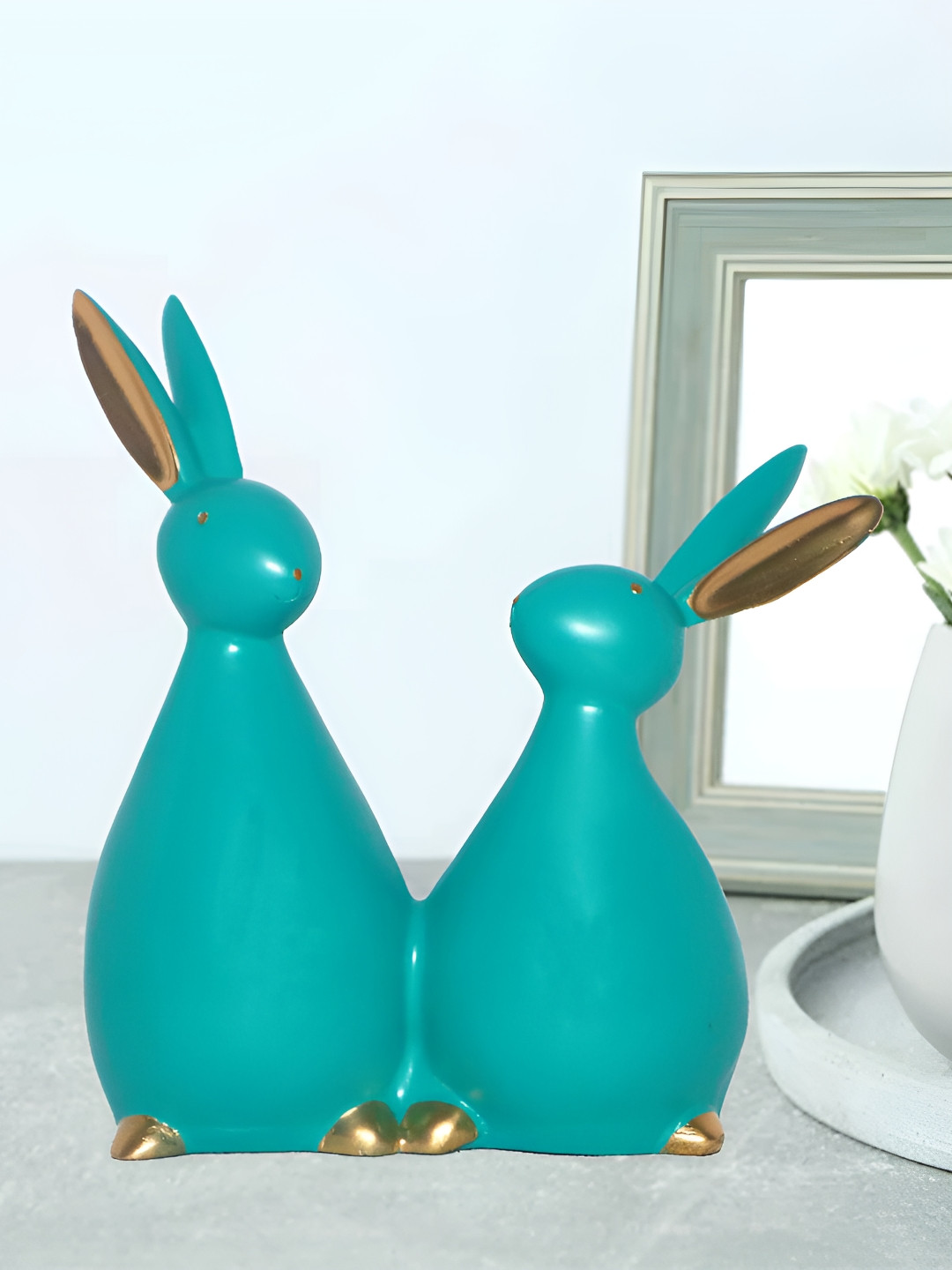 JAIPUR ACE Rabbit Couple Sea Green Polyresin Natural Living Room Medium Showpiece - 2.4 Inches
