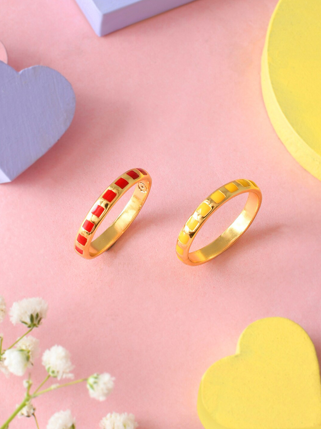 Voylla Set Of 2 Gold-Plated Textured Check Enamel Stackable Finger Ring
